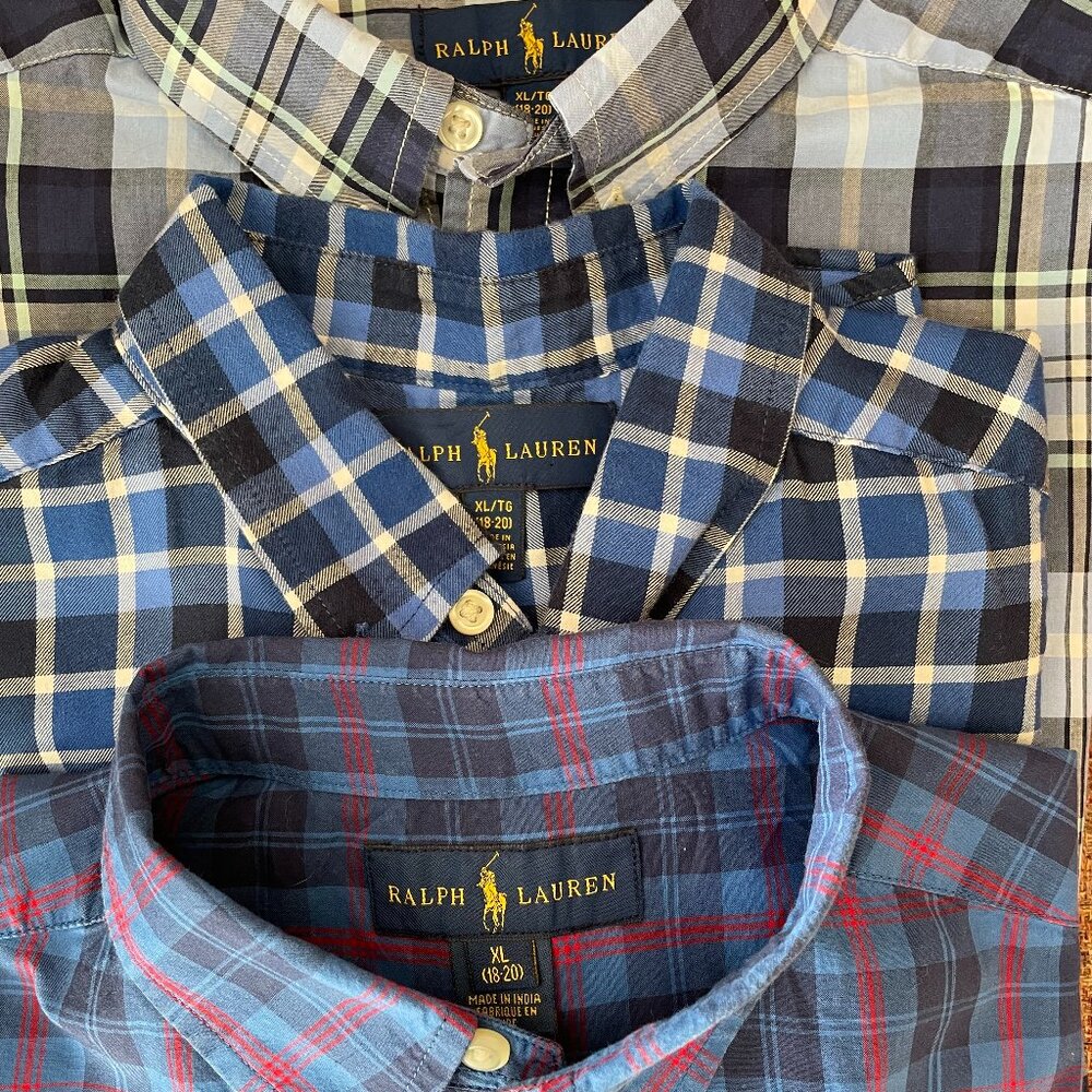 3 Boys Ralph Lauren plaid cotton button down shirts, size XL (18/20)